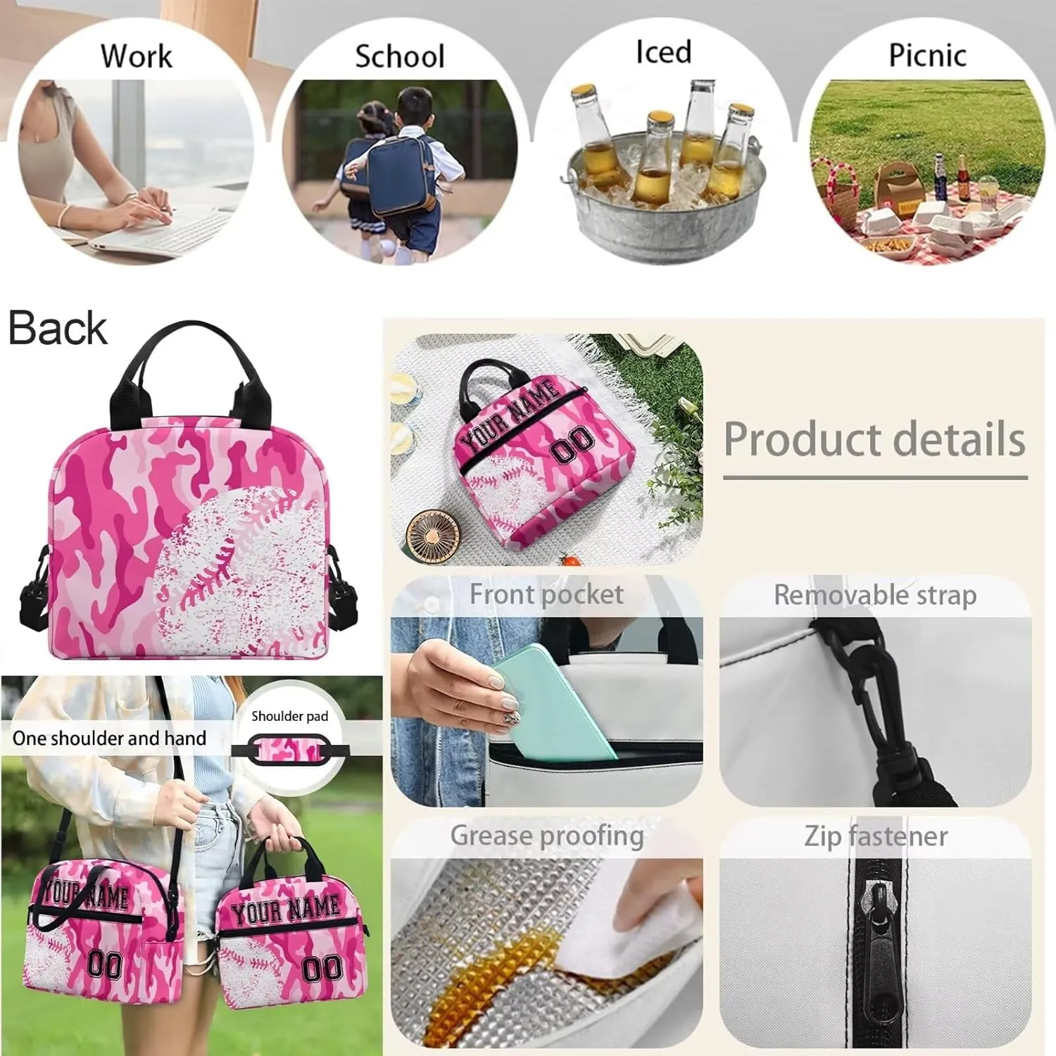 4PCS Baseball Print Customized School Bookbag for Kids, Pink Purple Camouflage Laptop Backpack Crossbody Bag Hiking Daypack Lunch Bag Pencil Organizer