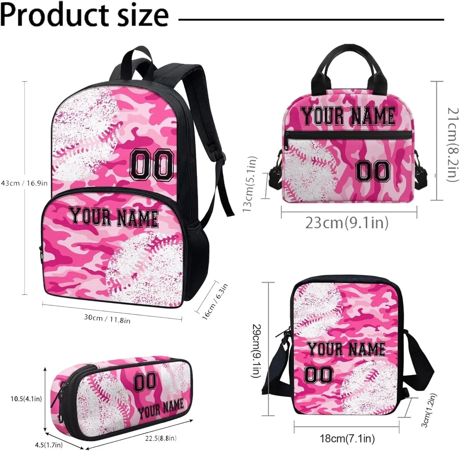 4PCS Baseball Print Customized School Bookbag for Kids, Pink Purple Camouflage Laptop Backpack Crossbody Bag Hiking Daypack Lunch Bag Pencil Organizer