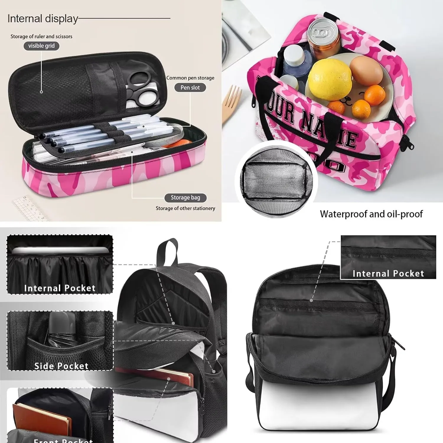 4PCS Baseball Print Customized School Bookbag for Kids, Pink Purple Camouflage Laptop Backpack Crossbody Bag Hiking Daypack Lunch Bag Pencil Organizer