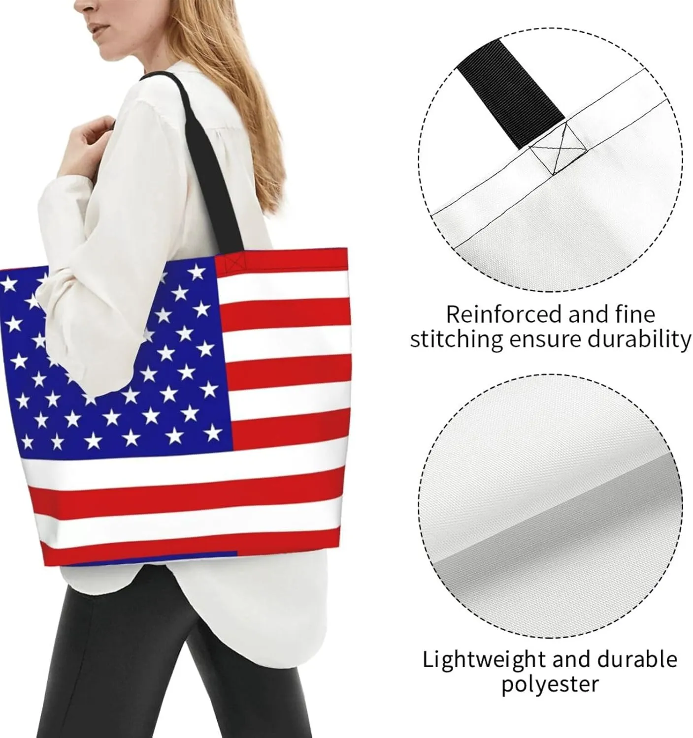 4th of July Tote Bag Women large American flag bag Interior Pocket Reusable Independence day Travel tote bags