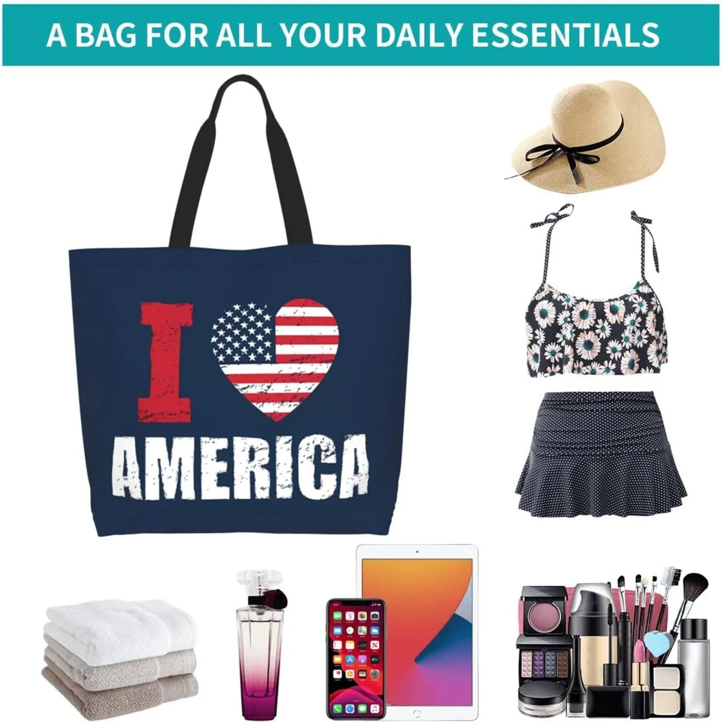 4th of July Tote Bag Women large American flag bag Interior Pocket Reusable Independence day Travel tote bags
