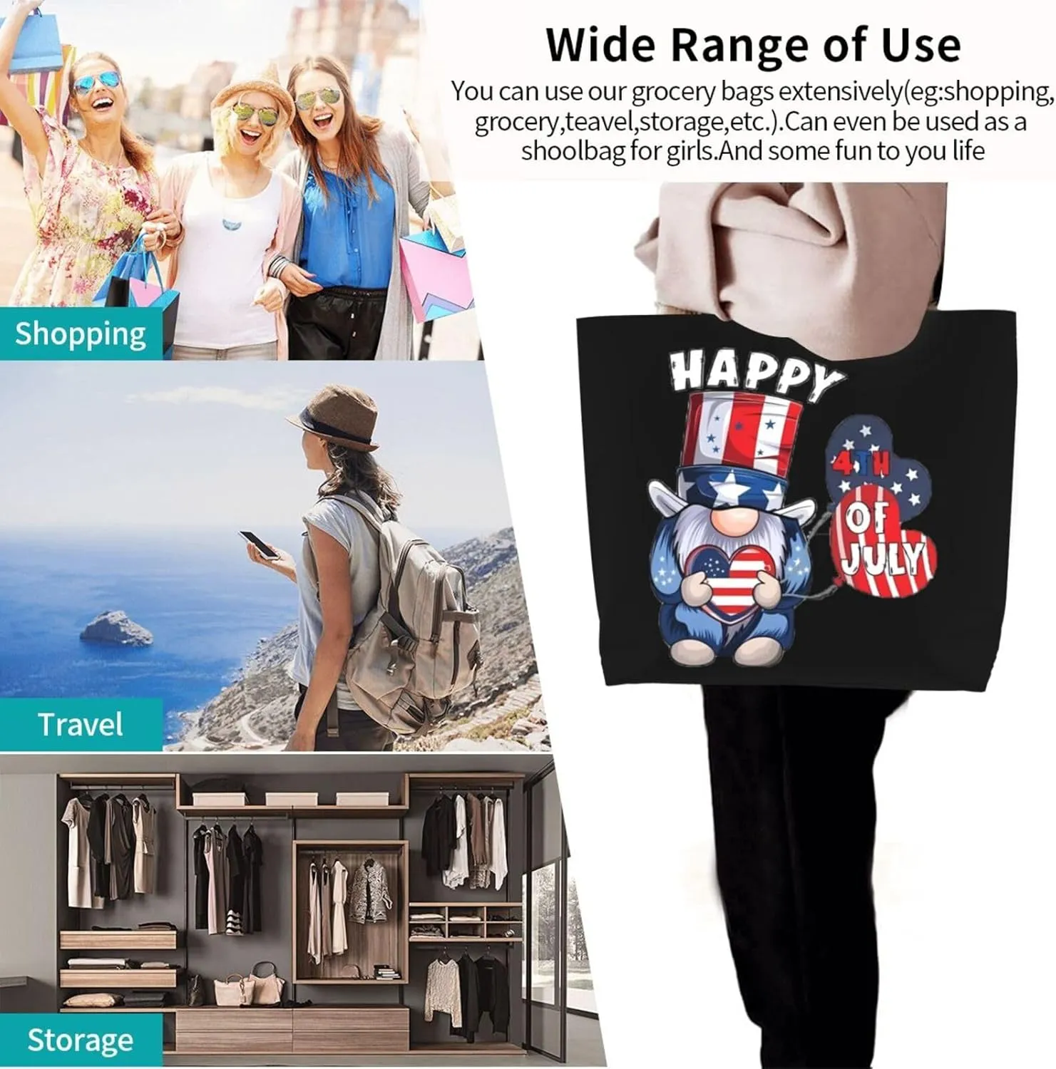 4th of July Tote Bag Women large American flag bag Interior Pocket Reusable Independence day Travel tote bags