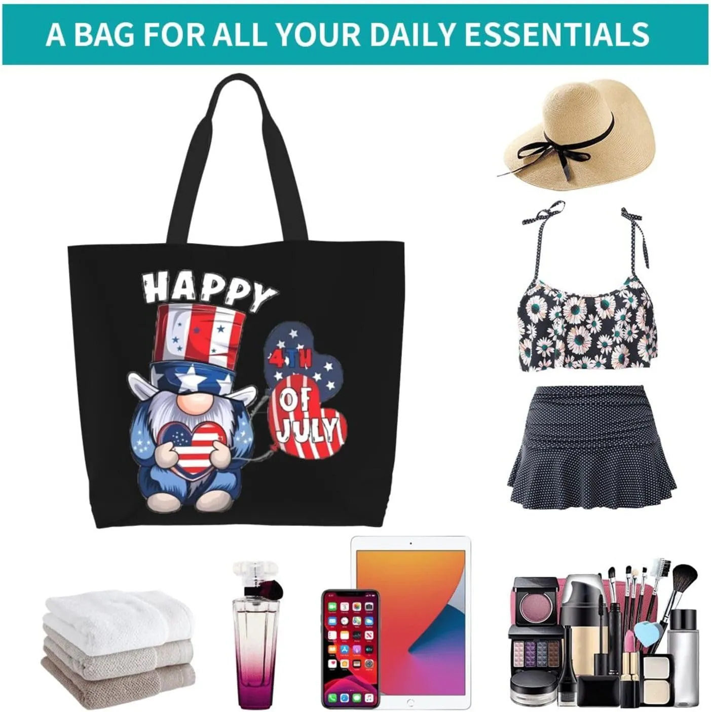 4th of July Tote Bag Women large American flag bag Interior Pocket Reusable Independence day Travel tote bags