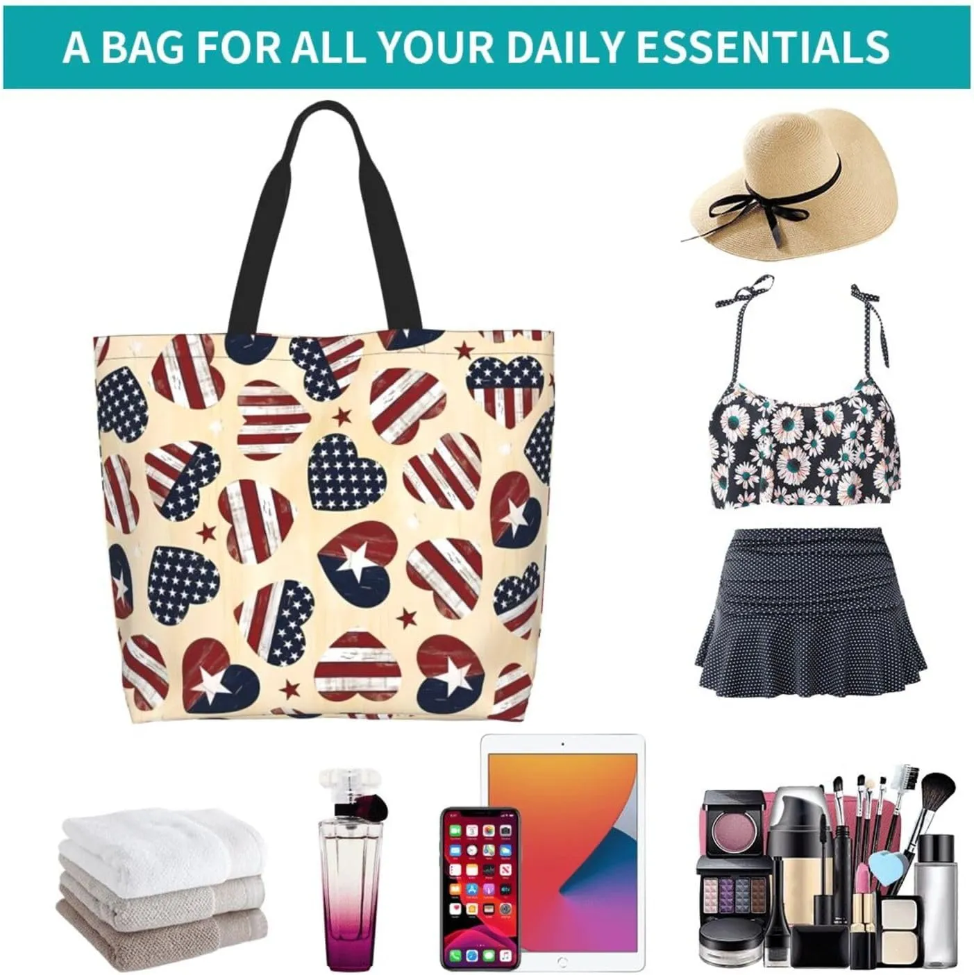 4th of July Tote Bag Women large American flag bag Interior Pocket Reusable Independence day Travel tote bags