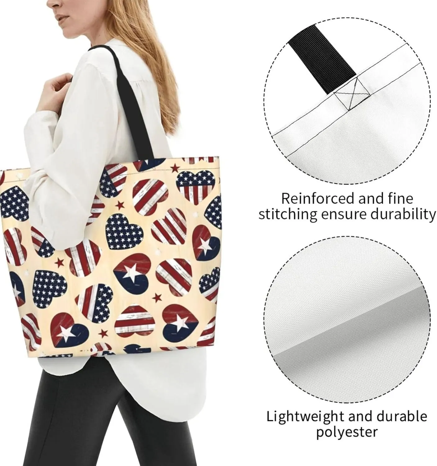 4th of July Tote Bag Women large American flag bag Interior Pocket Reusable Independence day Travel tote bags
