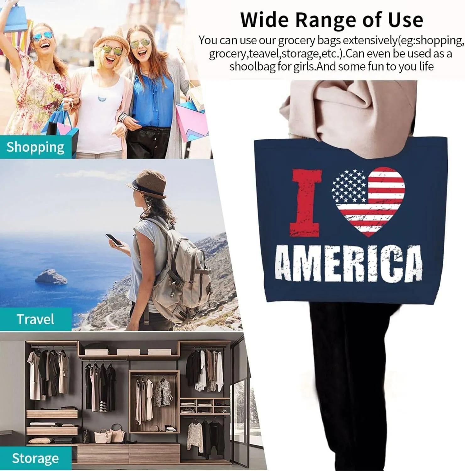 4th of July Tote Bag Women large American flag bag Interior Pocket Reusable Independence day Travel tote bags