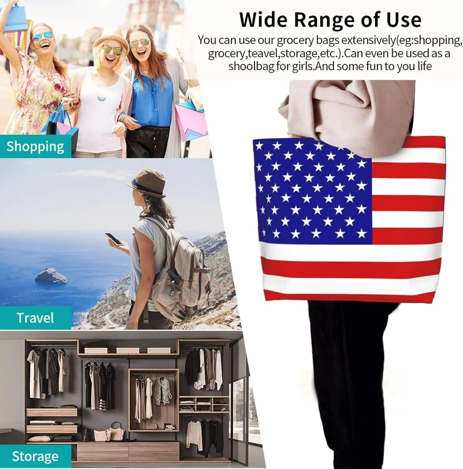4th of July Tote Bag Women large American flag bag Interior Pocket Reusable Independence day Travel tote bags