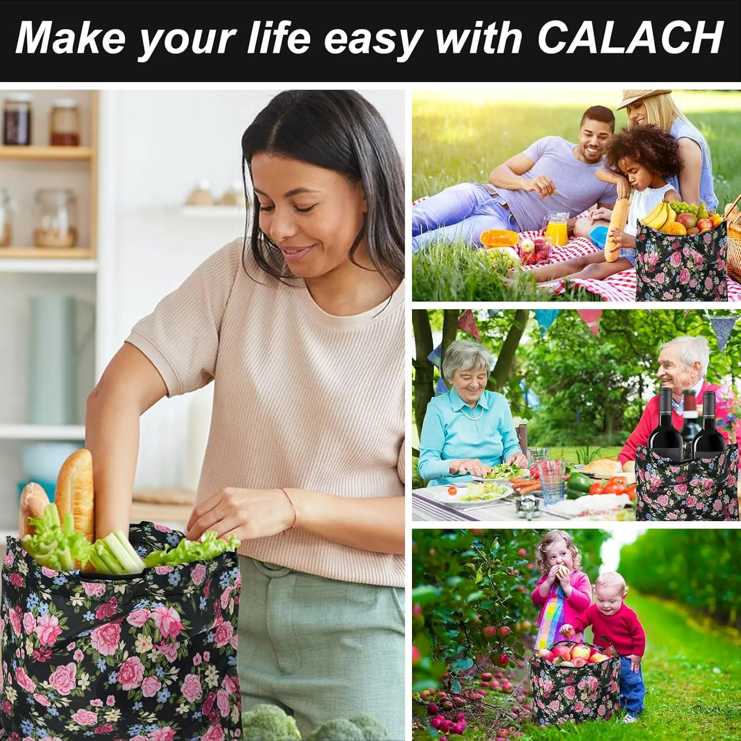 5 Pack Drawstring Foldable Shopping Nylon Bags Deep Floral HRS03