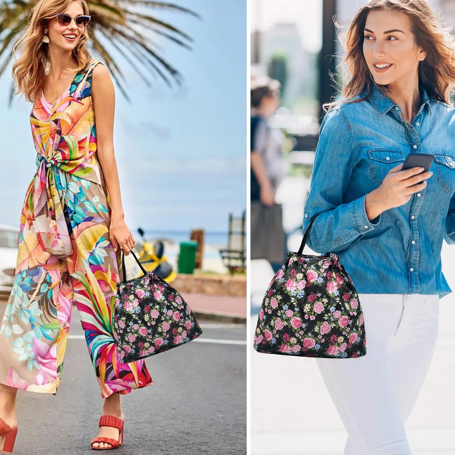 5 Pack Drawstring Foldable Shopping Nylon Bags Deep Floral HRS03
