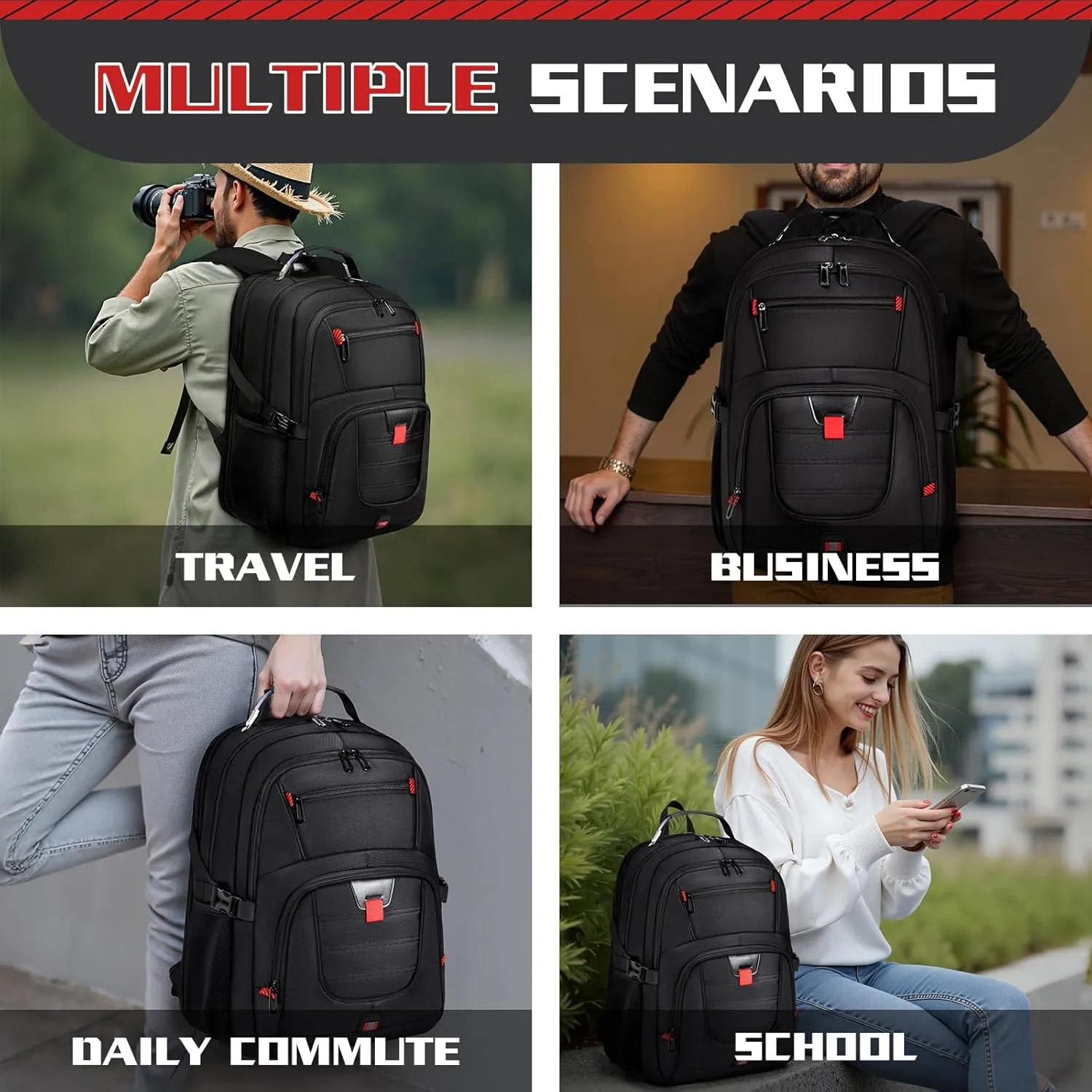 50L Travel Backpack, 17 inch Laptop Backpack for Men, Extra Large Sturdy TSA Friendly with USB Port College School Rucksack Bag Gifts for Him Men Women, Black