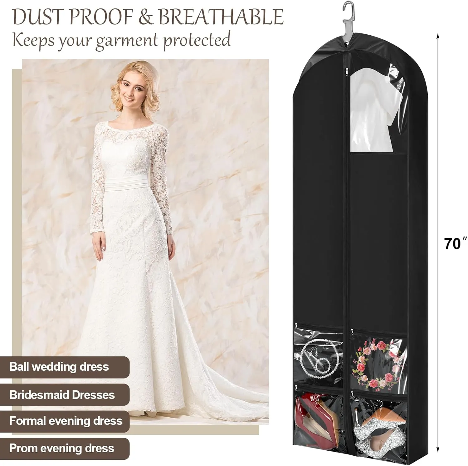 70" Oxford Foldable Wedding Dress Garment Bag Bride Tote Bag 4 Pockets Bride Gowns Bag for Prom Evening Dress