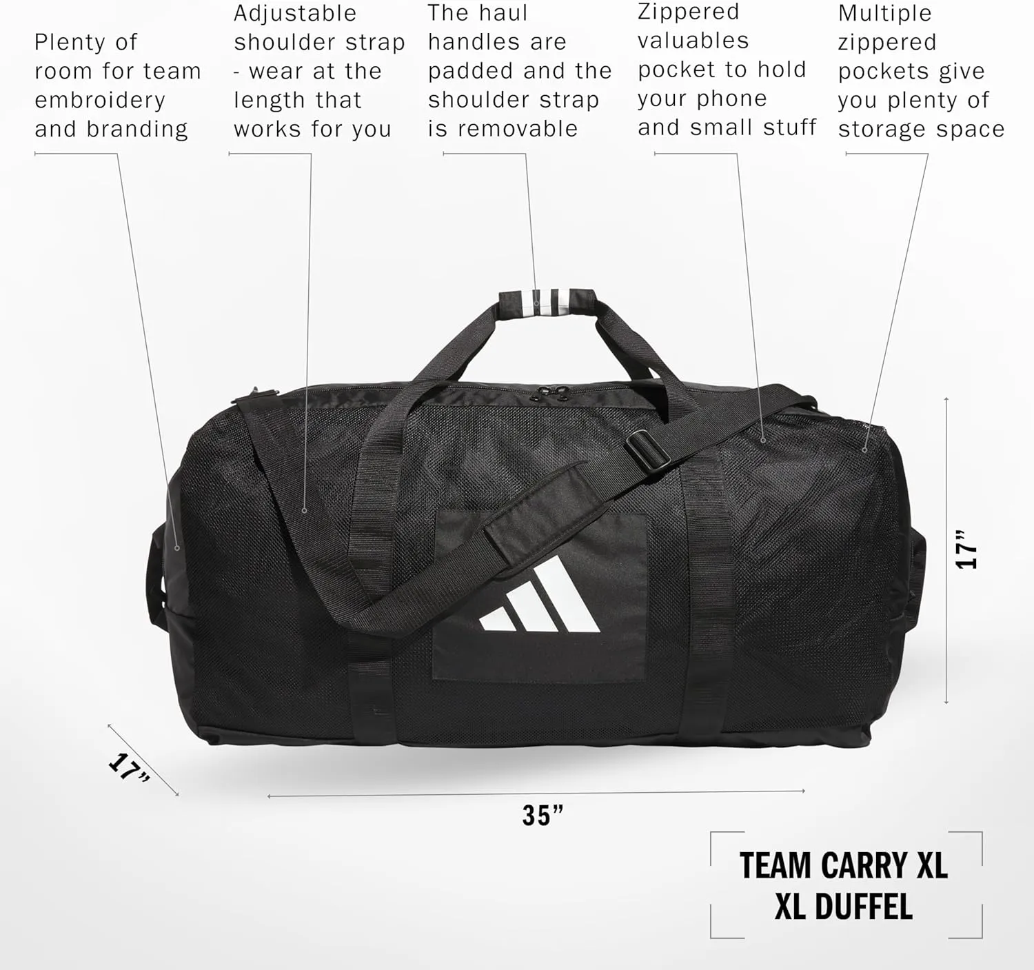 adidas Team Carry XL Duffel Bag, Black/White/2, One Size