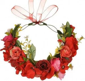 Adjustable Flower Headband Wreath Floral Garland Crown Headpiece Boho Bridal Hair Ribbon for Wedding Party Fall Sunflower