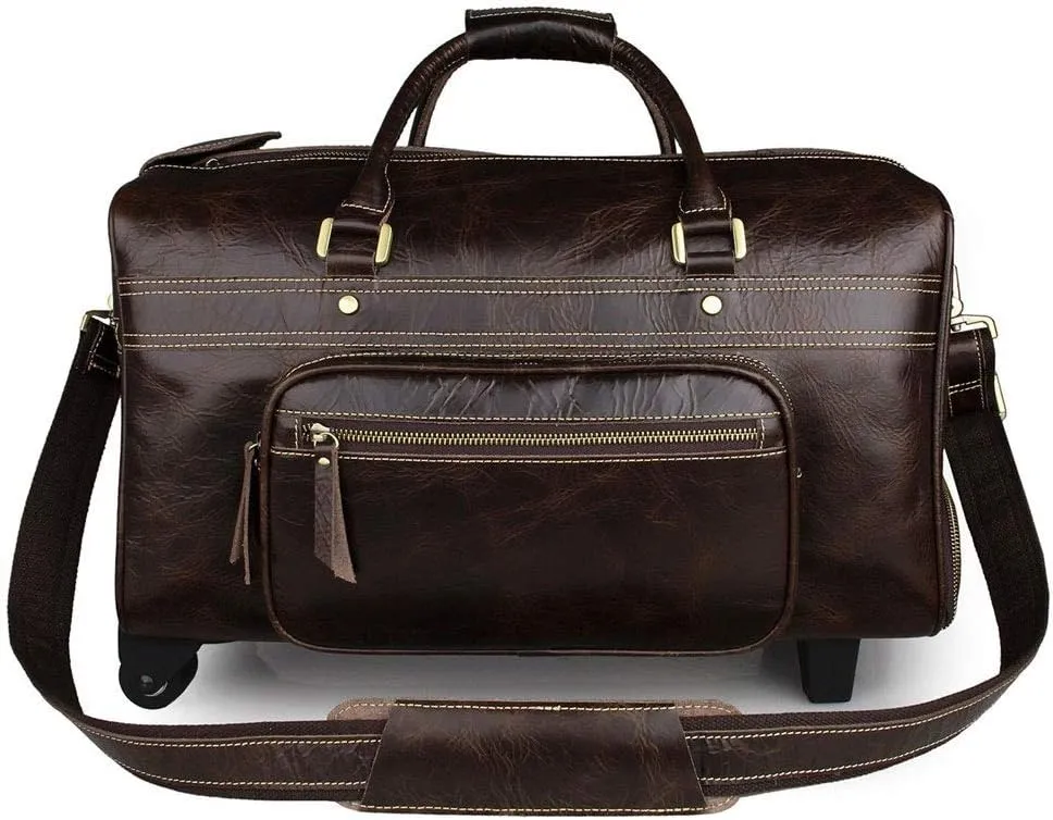 Adult Wheeled Travel Duffel Bag Cowhide Leather Luggage Rolling Suitcase Journey Overnight Weekender Gym Tote Handbag Sports Overnight Gym Luggage Weekend Tot