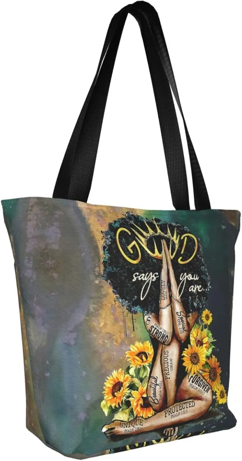 African American Woman Tote Bag Black Girl Shoulder Bag Afro Handbag Beach Bag for Adults Students Office Travel