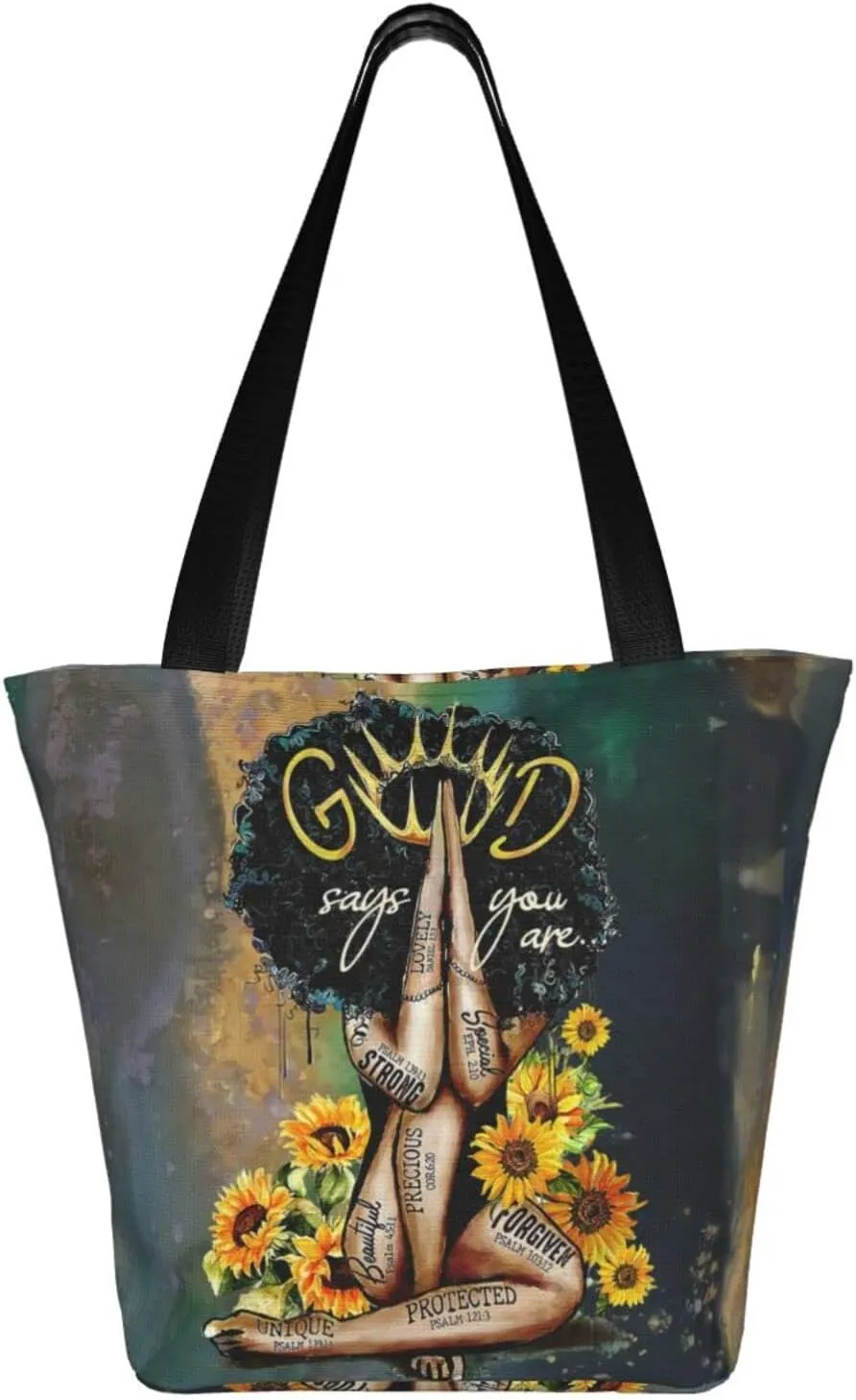 African American Woman Tote Bag Black Girl Shoulder Bag Afro Handbag Beach Bag for Adults Students Office Travel