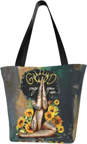 African American Woman Tote Bag Black Girl Shoulder Bag Afro Handbag Beach Bag for Adults Students Office Travel