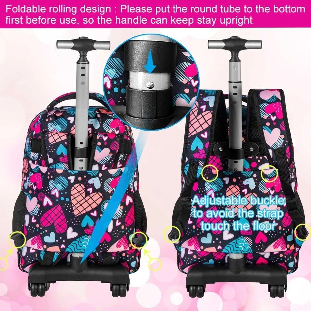 AGSDON Rolling Backpack for Girls, Women Roller Wheels Bookbag, Laptop Wheeled School Bag with Wheels for Teens