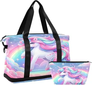 ALAZA Fantasy Unicorn Rainbow Travel Duffel Bag for Women Men Sports Gym Bag with Shoe Compartment Tote Weekender Overnight Bag with Wet Pocket for Travel, Gym,Yoga,Swimming