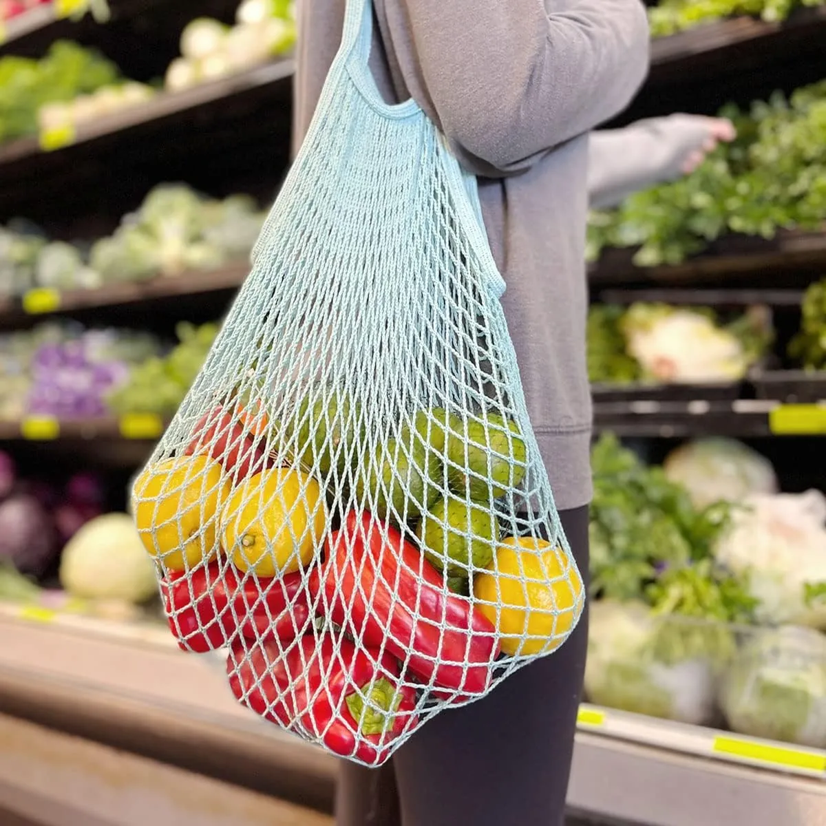 allydrew Cotton Mesh Net Foldable Reusable Grocery Bag for Farmers Market, Vegetables, Produce (Set of 3), Hot Pink, Beige, Teal