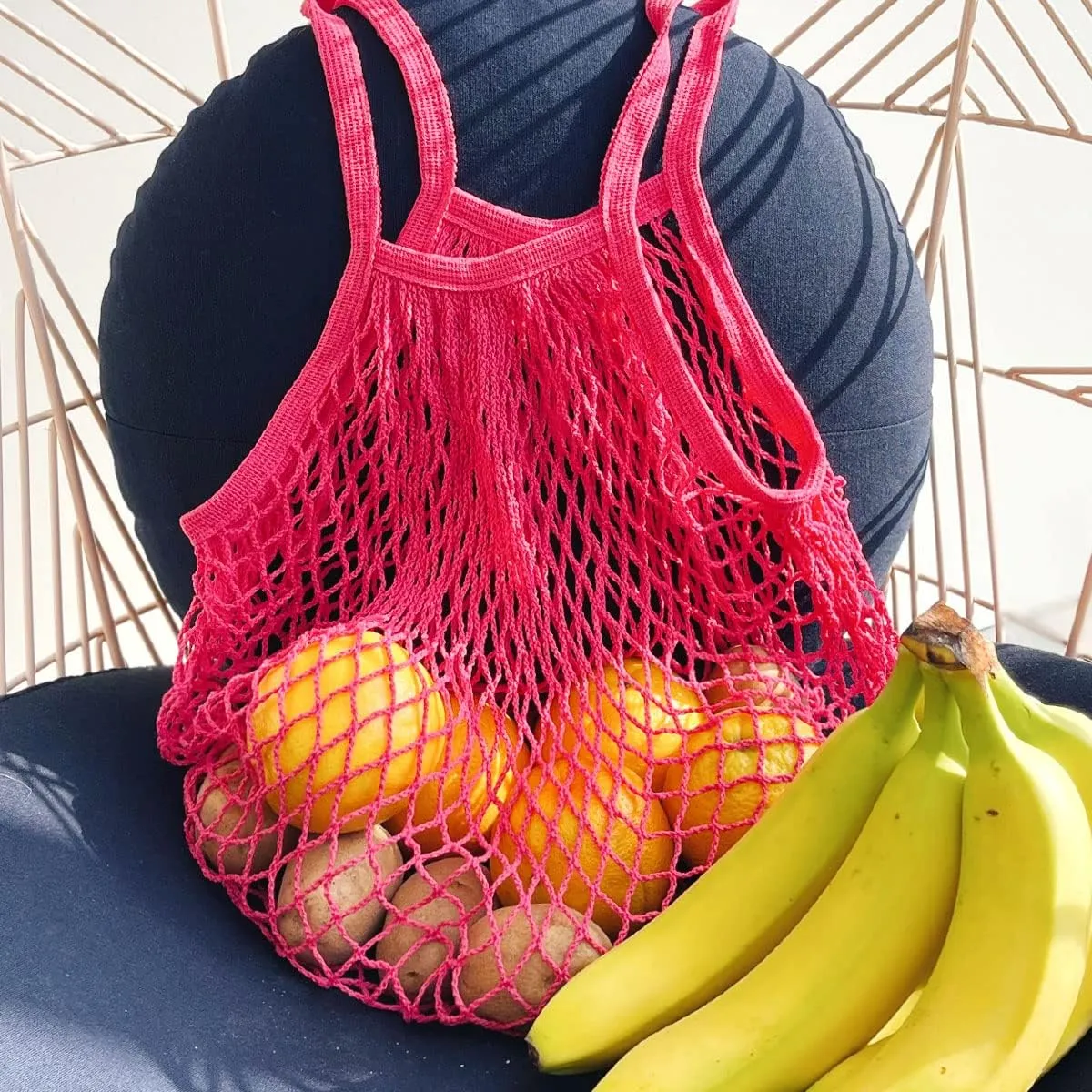 allydrew Cotton Mesh Net Foldable Reusable Grocery Bag for Farmers Market, Vegetables, Produce (Set of 3), Hot Pink, Beige, Teal
