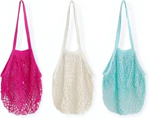 allydrew Cotton Mesh Net Foldable Reusable Grocery Bag for Farmers Market, Vegetables, Produce (Set of 3), Hot Pink, Beige, Teal