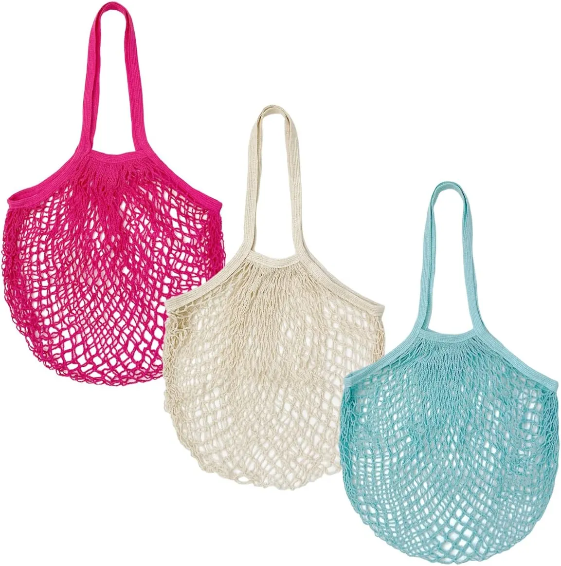 allydrew Cotton Mesh Net Foldable Reusable Grocery Bag for Farmers Market, Vegetables, Produce (Set of 3), Hot Pink, Beige, Teal