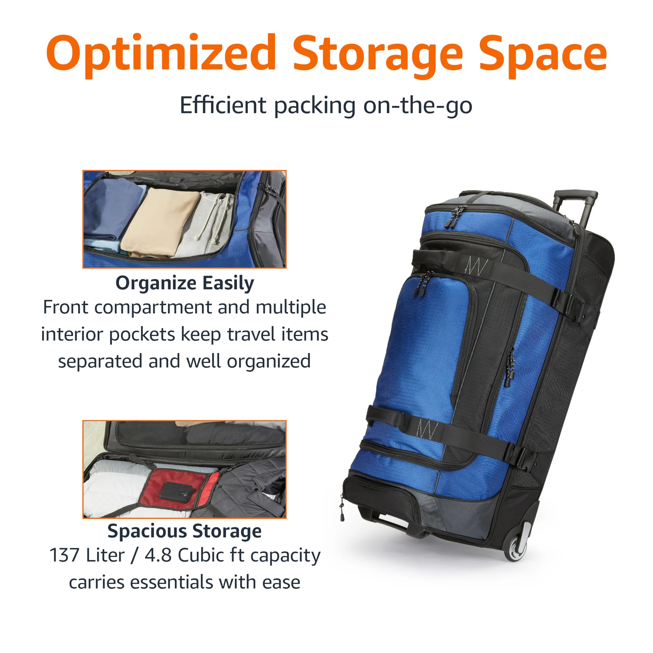 Amazon Basics Rolling Duffel Bag with Wheels, Ripstop Luggage for Traveling, Telescoping Handle, 35", Blue Blue 35" U1
