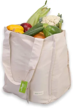 AMOUR INFINI Organic Cotton Grocery Bags with Bottle Sleeve - Set of 1 Foldable & Washable Shoulder Tote Bags with Reinforced Handles & Double-Stitched Arc Edges for Groceries & Everyday Use