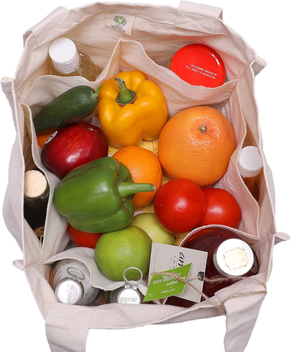 AMOUR INFINI Organic Cotton Grocery Bags with Bottle Sleeve - Set of 1 Foldable & Washable Shoulder Tote Bags with Reinforced Handles & Double-Stitched Arc Edges for Groceries & Everyday Use
