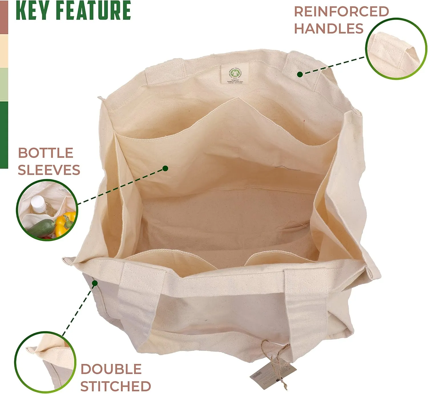 AMOUR INFINI Organic Cotton Grocery Bags with Bottle Sleeve - Set of 1 Foldable & Washable Shoulder Tote Bags with Reinforced Handles & Double-Stitched Arc Edges for Groceries & Everyday Use
