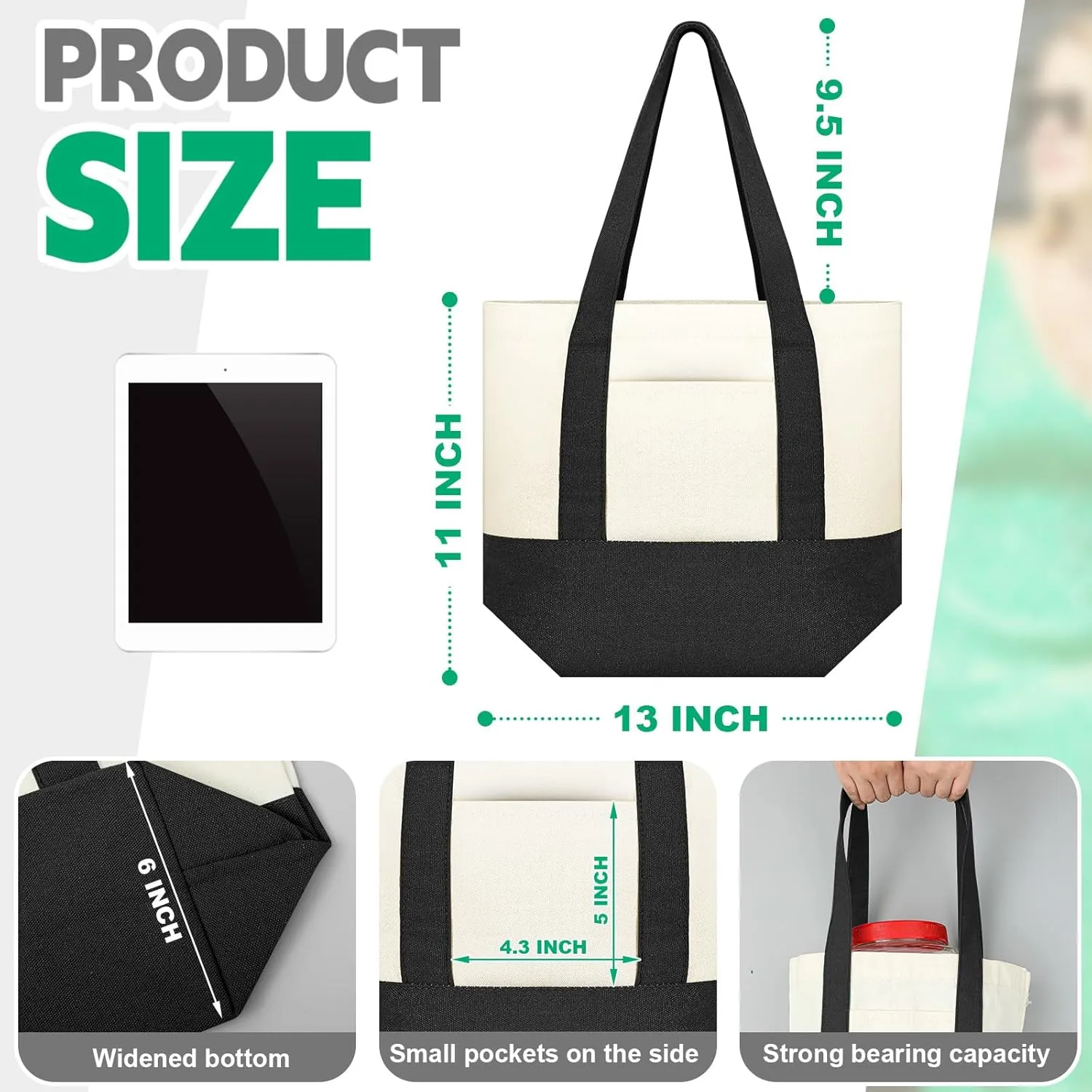 Amylove 1 Pcs Mini Canvas Tote Bag with Pockets 13" x 11" Duty Canvas Sublimation Blank Small Bag Reusable Tote for Crafts DIY (Black)