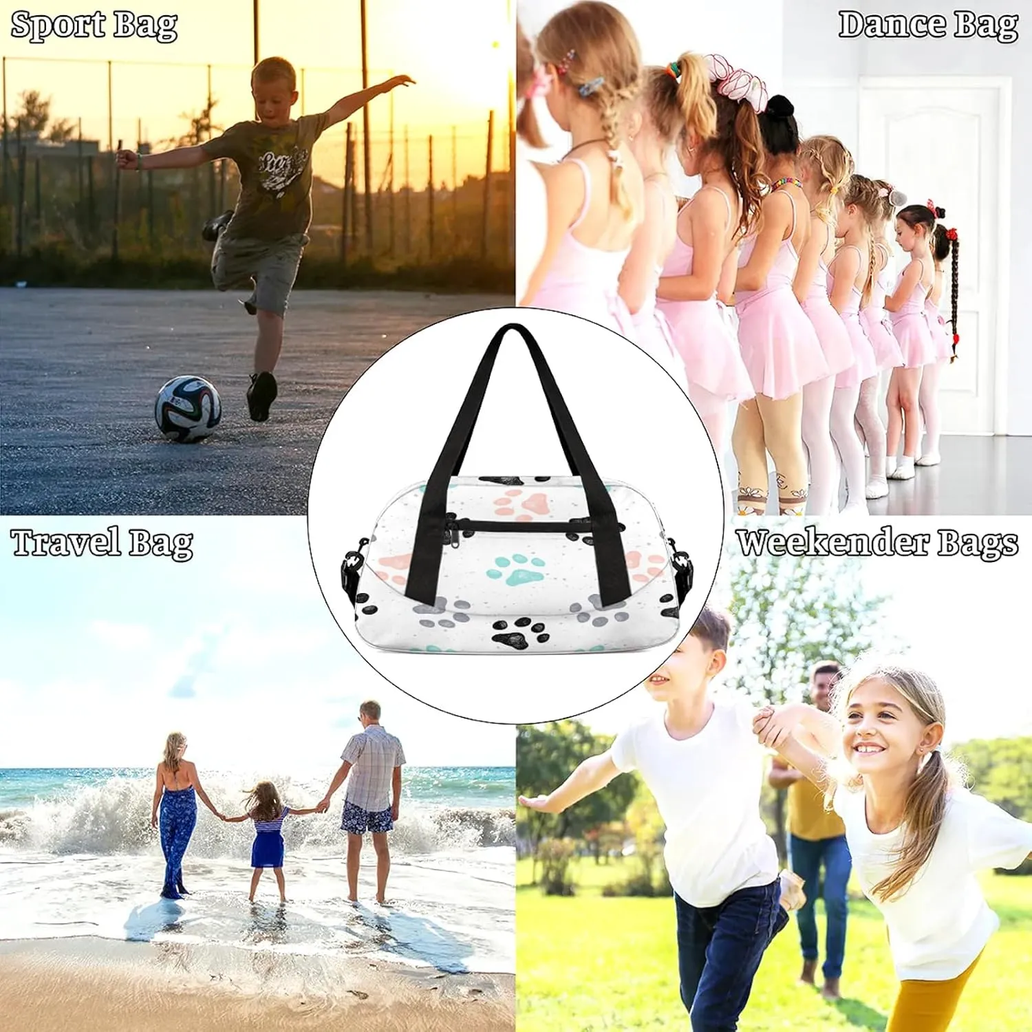 Animal Dog Paw Pattern Kids Duffel Bag Lightweight Waterproof Sports Gym Bag with Front Zipper Pocket Foldable Weekender Overnight Bag for School Practice Gymnastic Ballet