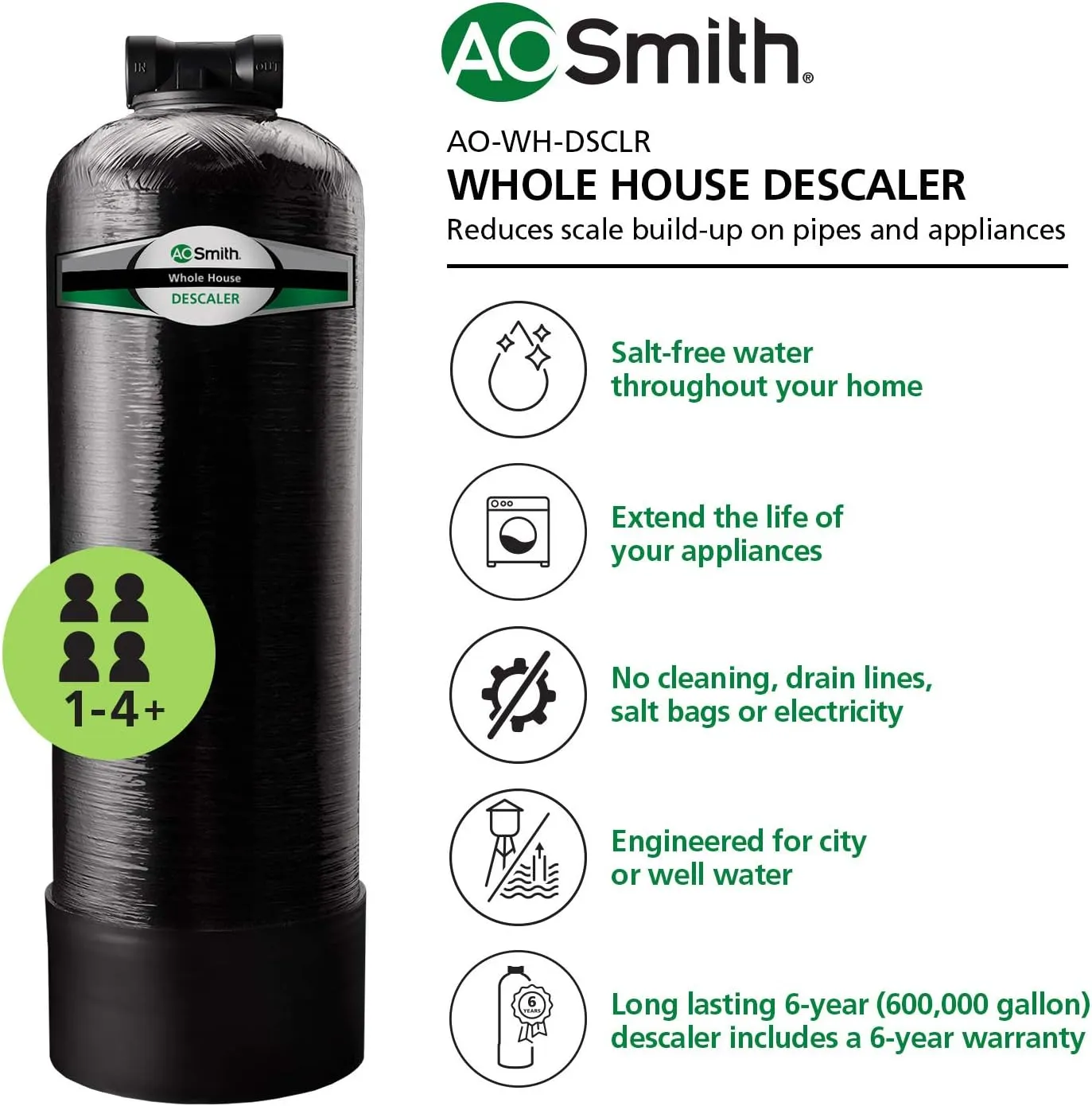 AO Smith Whole House Salt Free Descaler System - Works with City & Well Water Filters - 6yr, 600,000 Gl - Water Softener Alternative for Home - AO-WH-DSCLR