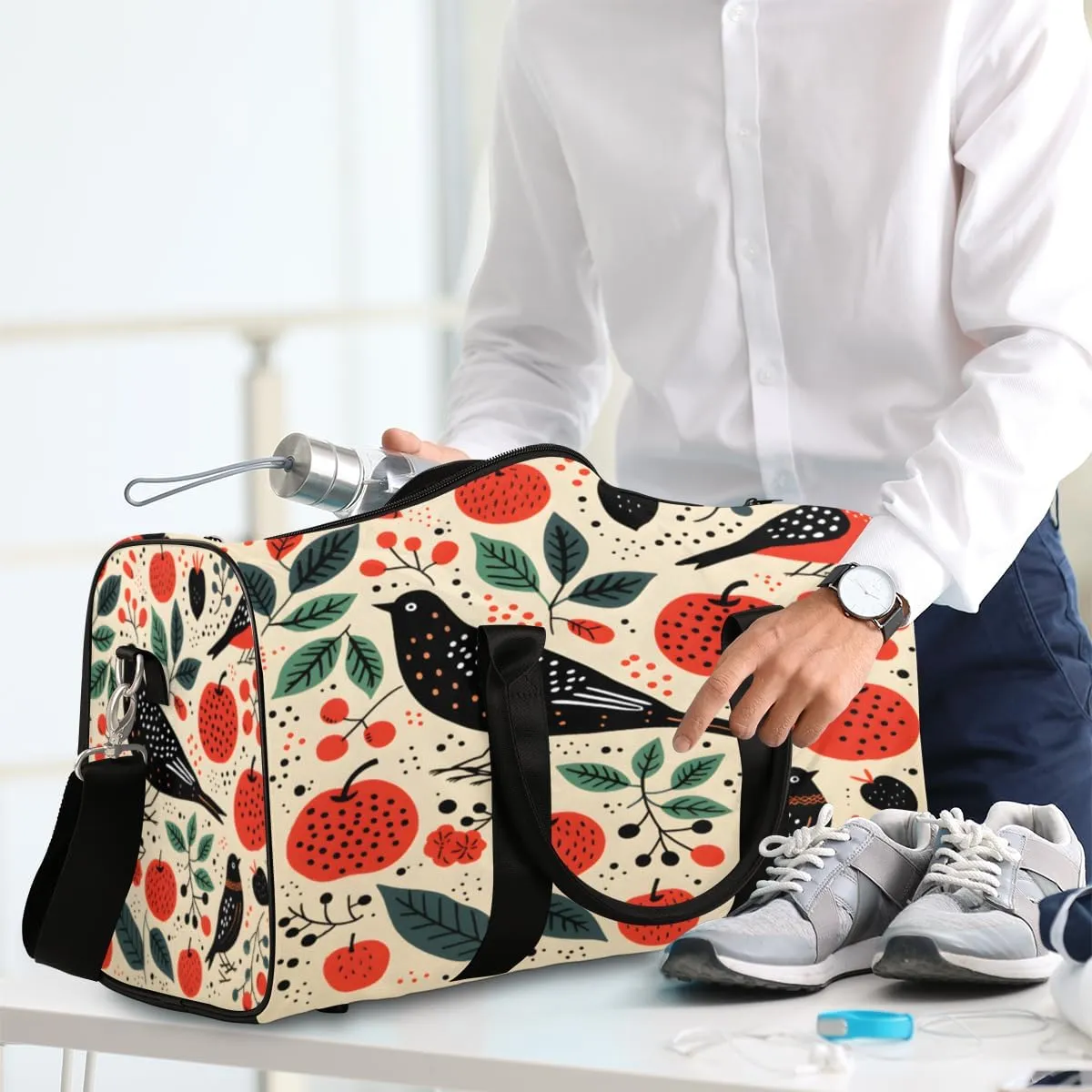 Apples and Birds Travel Duffle Bag, Sports Gym Bags for Women Men, Carry On Weekender Overnight Bag, Farmhouse Workout Hospital Airplane Trips Bag