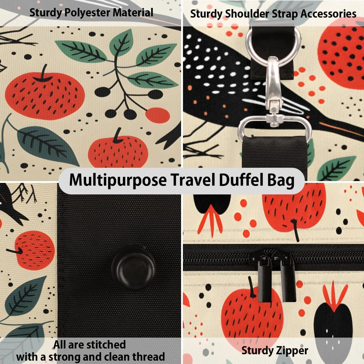 Apples and Birds Travel Duffle Bag, Sports Gym Bags for Women Men, Carry On Weekender Overnight Bag, Farmhouse Workout Hospital Airplane Trips Bag