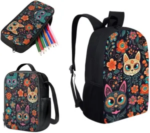Art Cat Flower School Bag with Lunch Bag Set for Girls Teens Gifts Cat Floral Painting Student Book Bag or School Sport Travel with Pencil Case