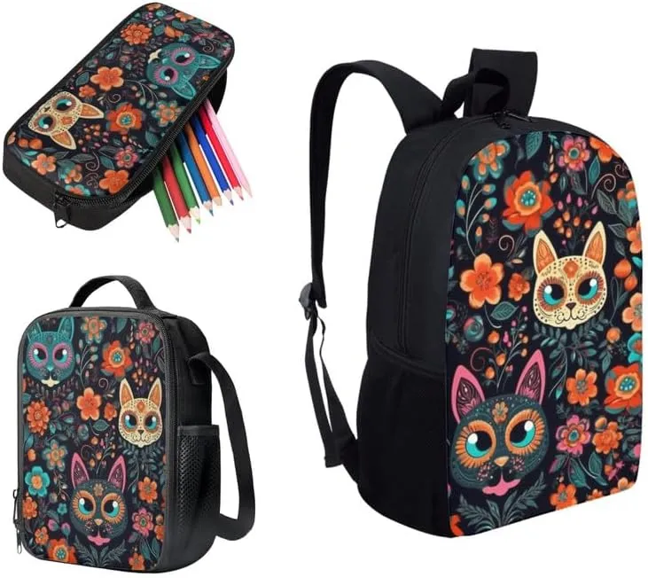 Art Cat Flower School Bag with Lunch Bag Set for Girls Teens Gifts Cat Floral Painting Student Book Bag or School Sport Travel with Pencil Case