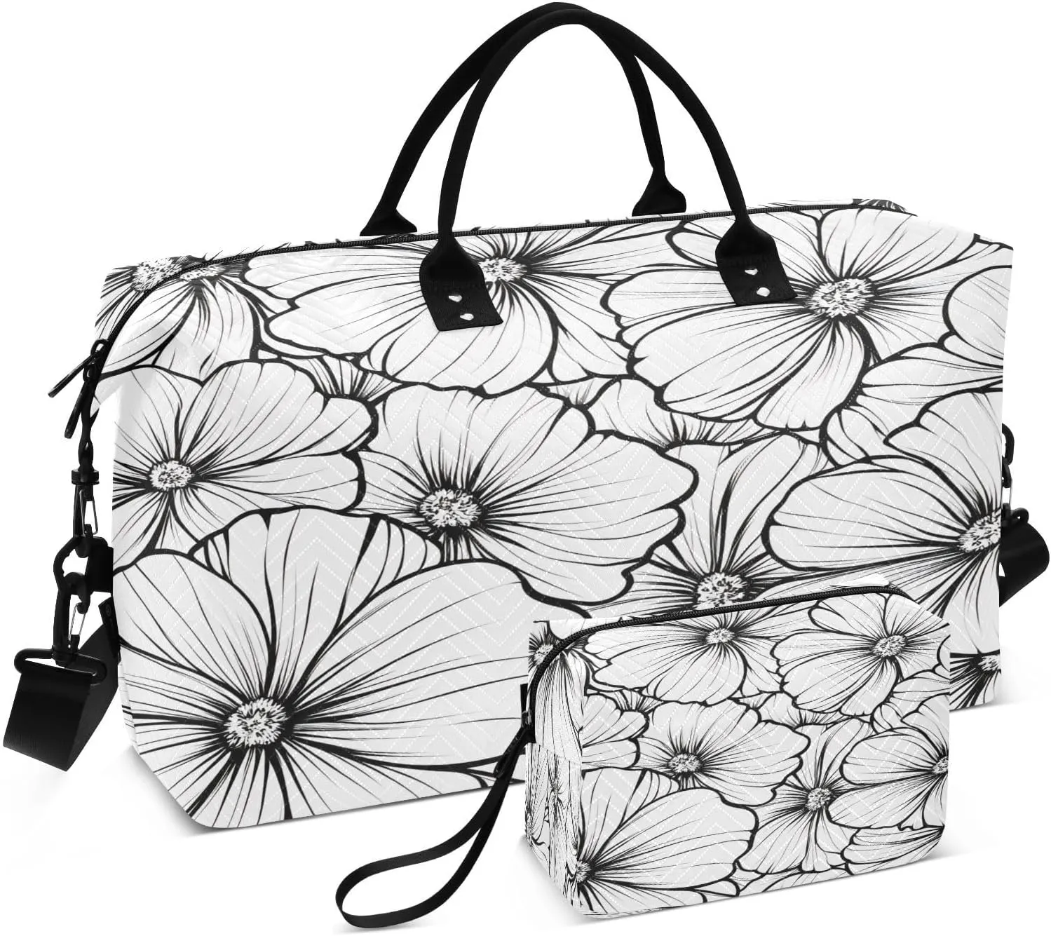 Artistic Lines with White Flowers Travel Duffel Bags 2PCS,Sports Duffel Bags for Men Women,Weekender Overnight Bag Gym Tote Bag with Toiletry Bag