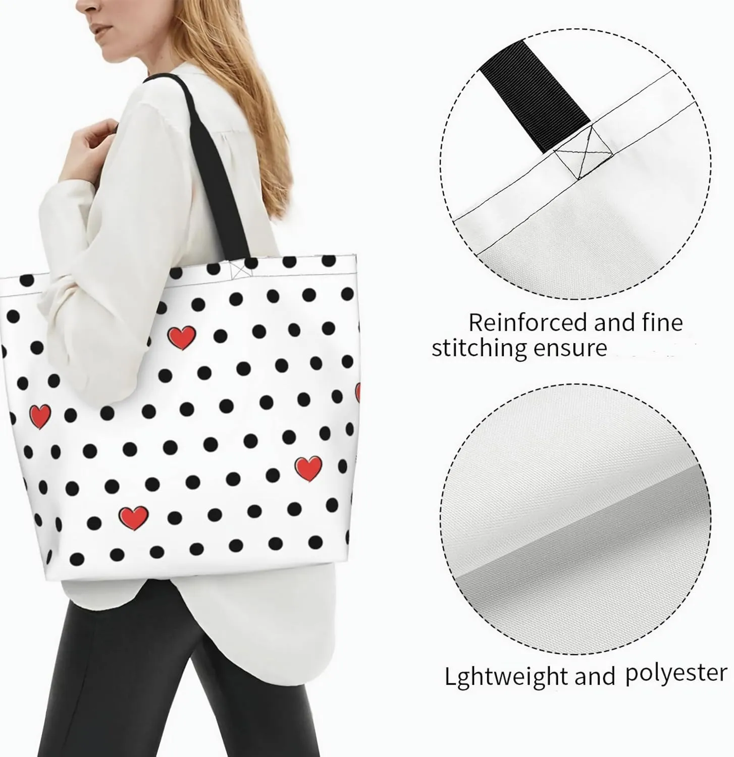 ASYG Red and White Polka Dot Tote Bag Lightweight Handbags Travel Shoulder Bag for Hiking,Yoga, Gym,Shopping Travel Beach