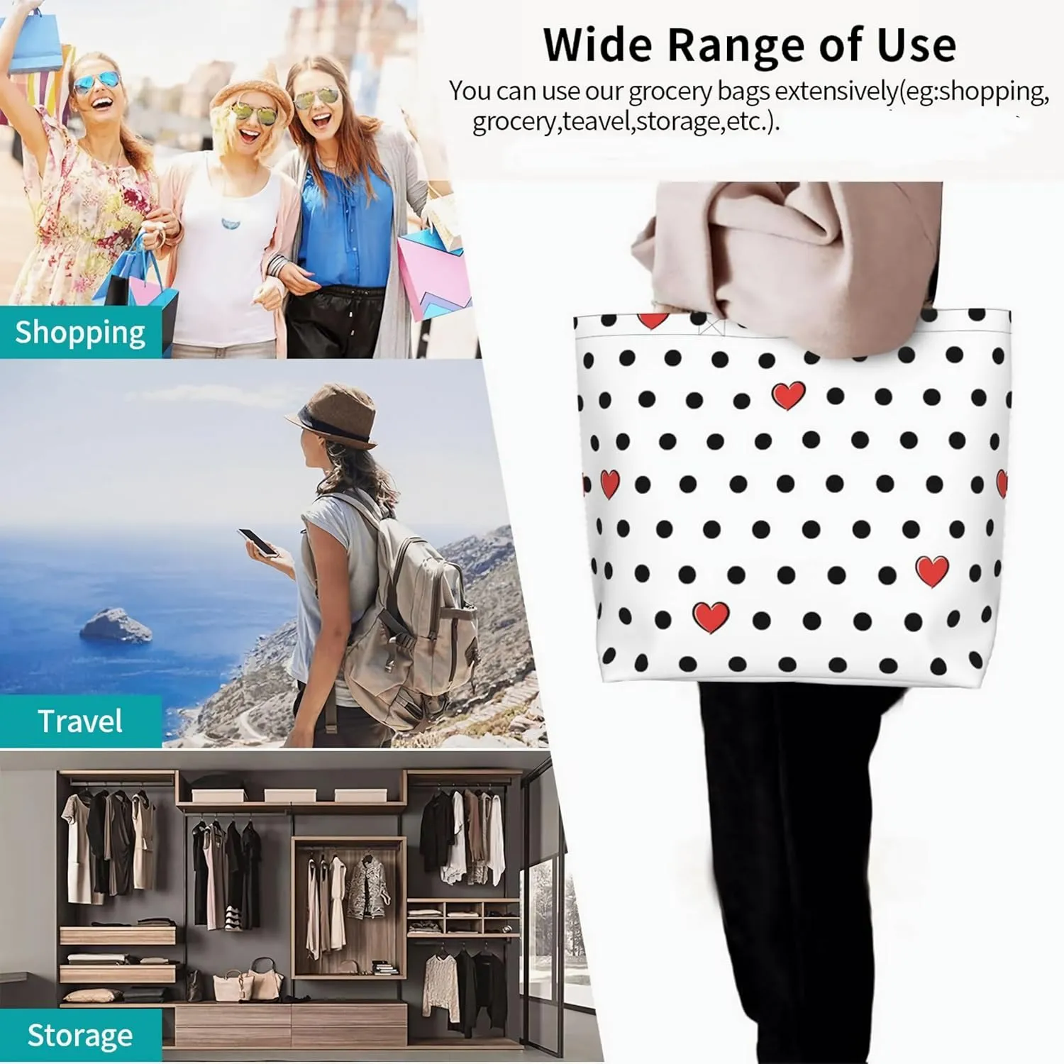 ASYG Red and White Polka Dot Tote Bag Lightweight Handbags Travel Shoulder Bag for Hiking,Yoga, Gym,Shopping Travel Beach