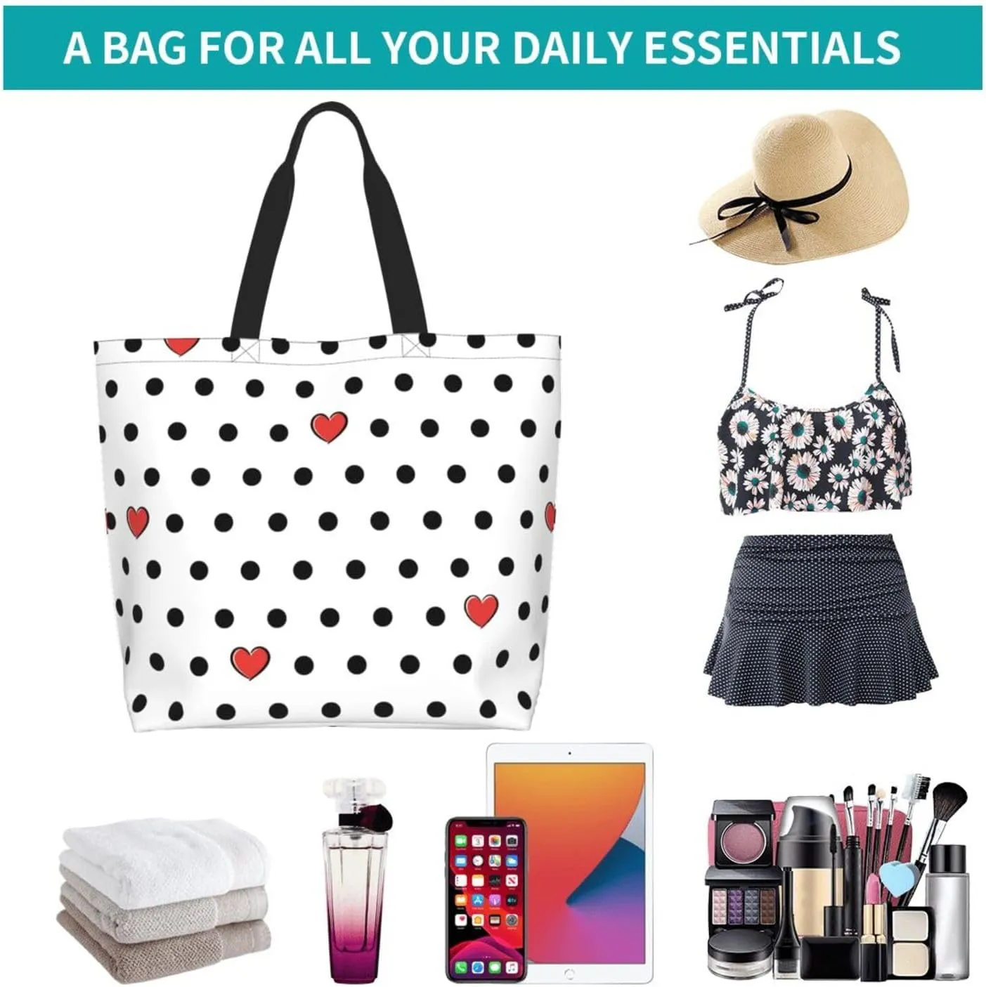 ASYG Red and White Polka Dot Tote Bag Lightweight Handbags Travel Shoulder Bag for Hiking,Yoga, Gym,Shopping Travel Beach