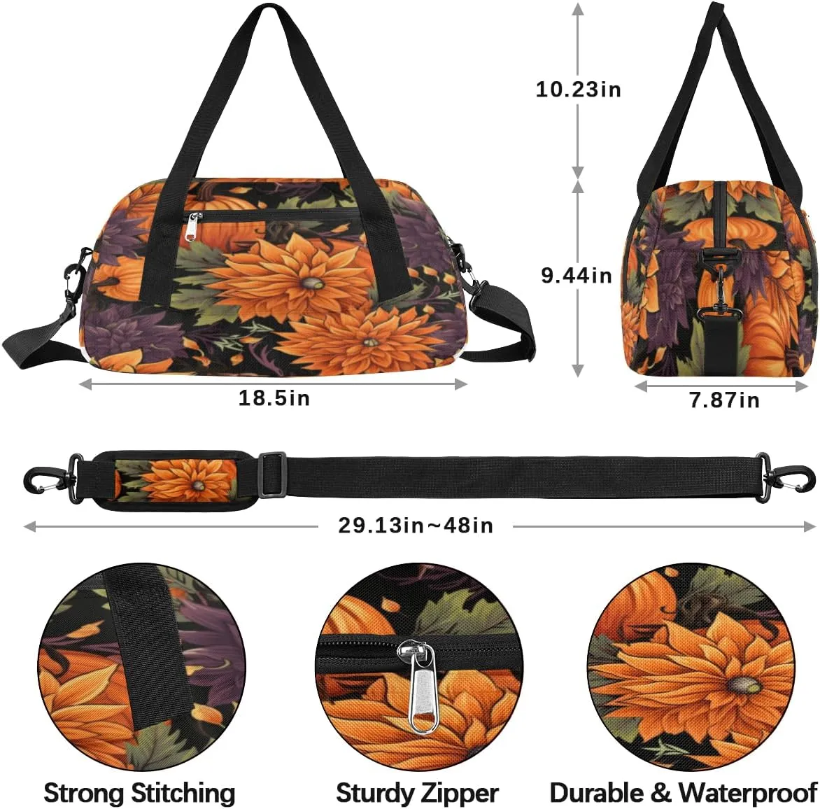 Autumn Pumpkin Flower Gym Bag, Duffle Bag, Weekender Bag, Duffel Bag, Overnight Bag, Travel Duffel Bag, Dance Bag, Tote Bag, Beach Bag, Pool Bag, Gym Duffle Bag, Carry on Bag