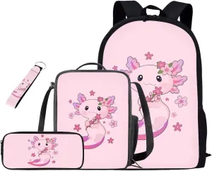 Axolotl Girls Backpack and Lunch Box Set Kawaii Pencil Case Keychain 17 inch Cute Primary School Backpacks School Backpack for Teens for Daily,Shopping,Short Trips and Short Travel