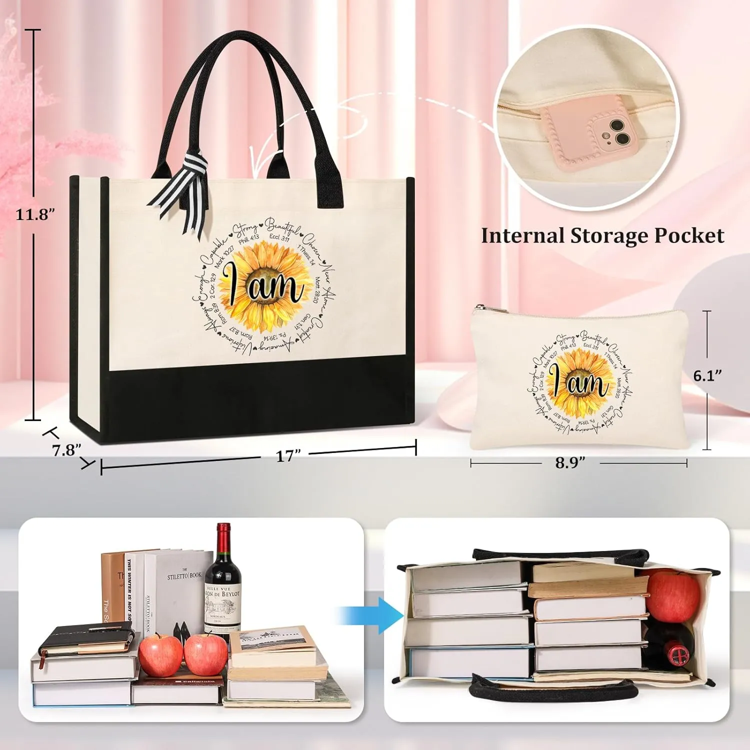 AYGE Christian Gifts for Women, Encourage Gift for Women, Reusable Grocery Bag Tote Bag & Makeup Bag