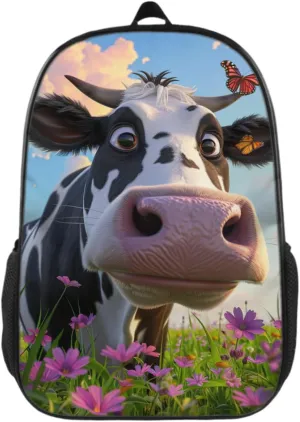 Backpack Fun Cute Cow Bookbag Women Men Black Backpack for Outdoor Sports Travel Camping Hiking Office Work Laptop Bag