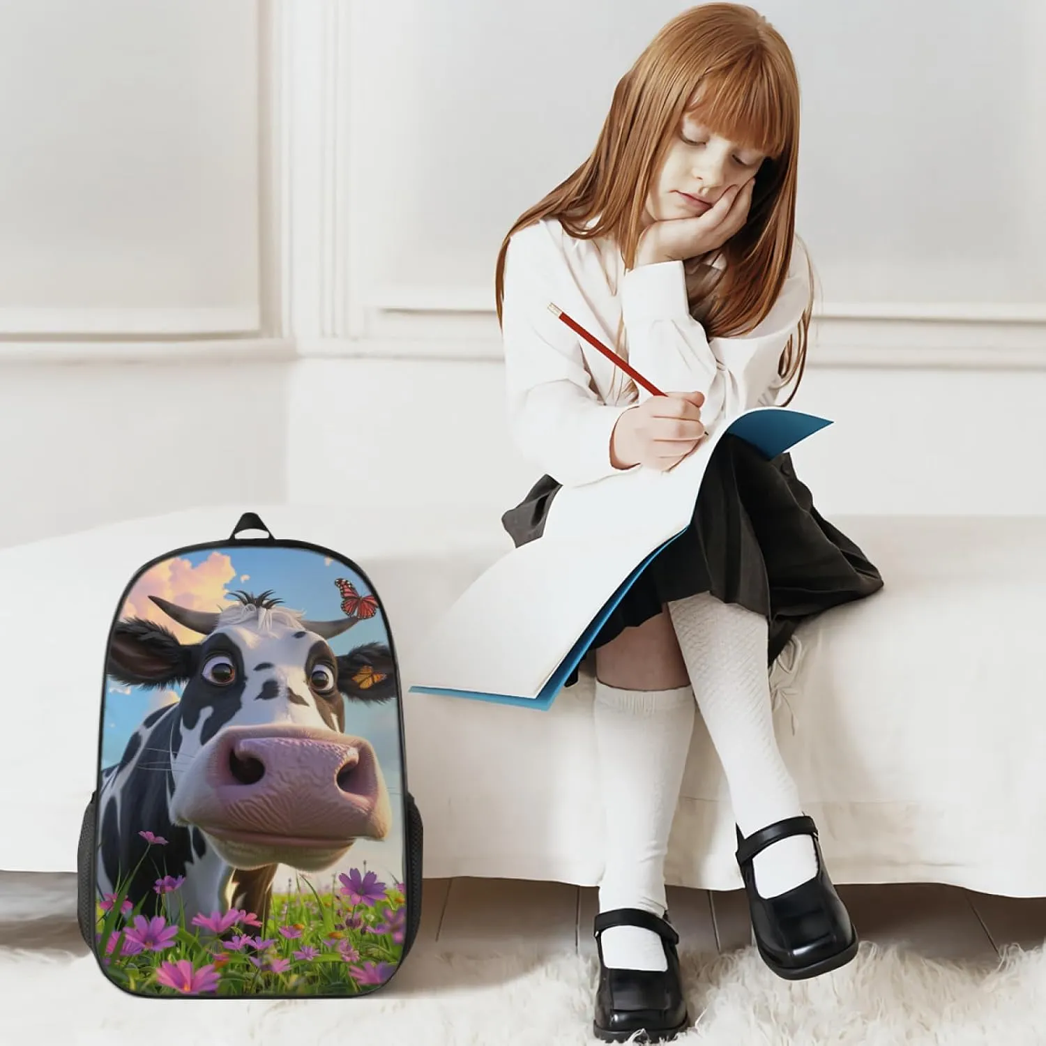 Backpack Fun Cute Cow Bookbag Women Men Black Backpack for Outdoor Sports Travel Camping Hiking Office Work Laptop Bag