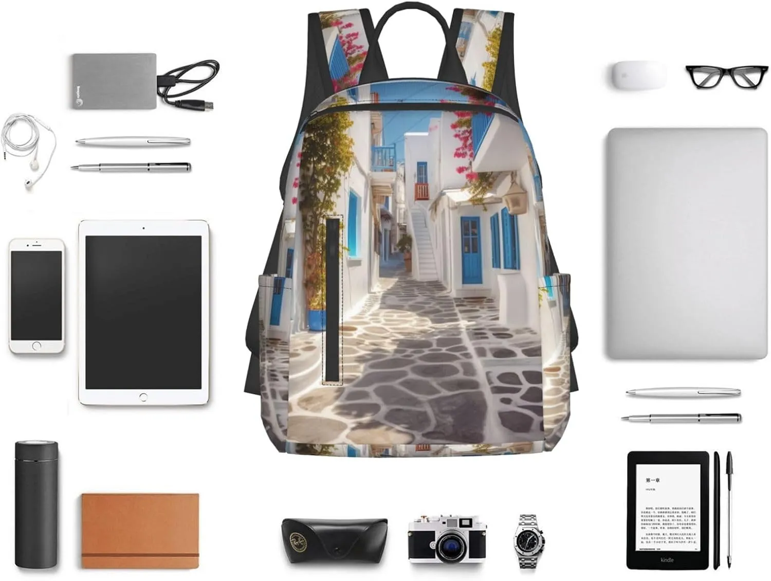 Backpack Greece Street Travel Casual Laptop Backpack Adjustable Hiking Daypack for Men Women