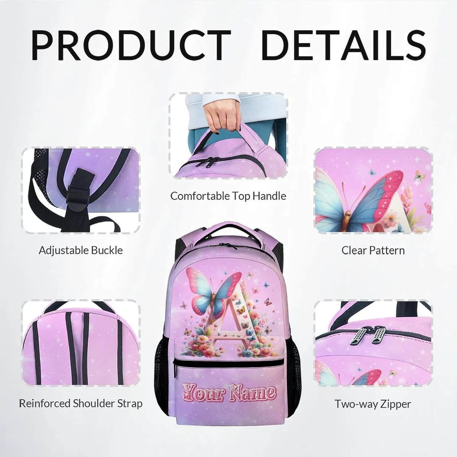 Backpack with Lunch Box for Girls, Personalized Butterfly Backpacks for Women Teens, 17 Inch Cute Kids Bookbag with Pencil Case, Custom Initial Name Bookbags for School