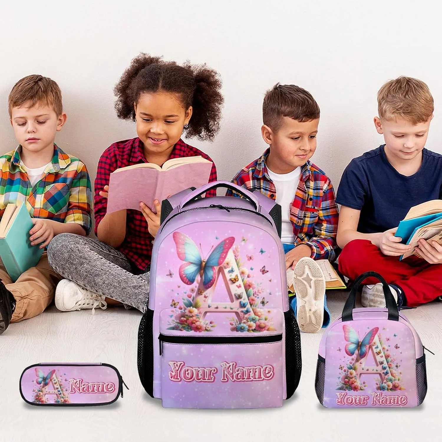 Backpack with Lunch Box for Girls, Personalized Butterfly Backpacks for Women Teens, 17 Inch Cute Kids Bookbag with Pencil Case, Custom Initial Name Bookbags for School